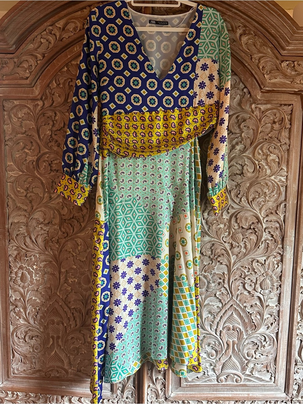 Zara Multicolor Patchwork Long Sleeve Maxi Dress in Blue, Green & Yellow